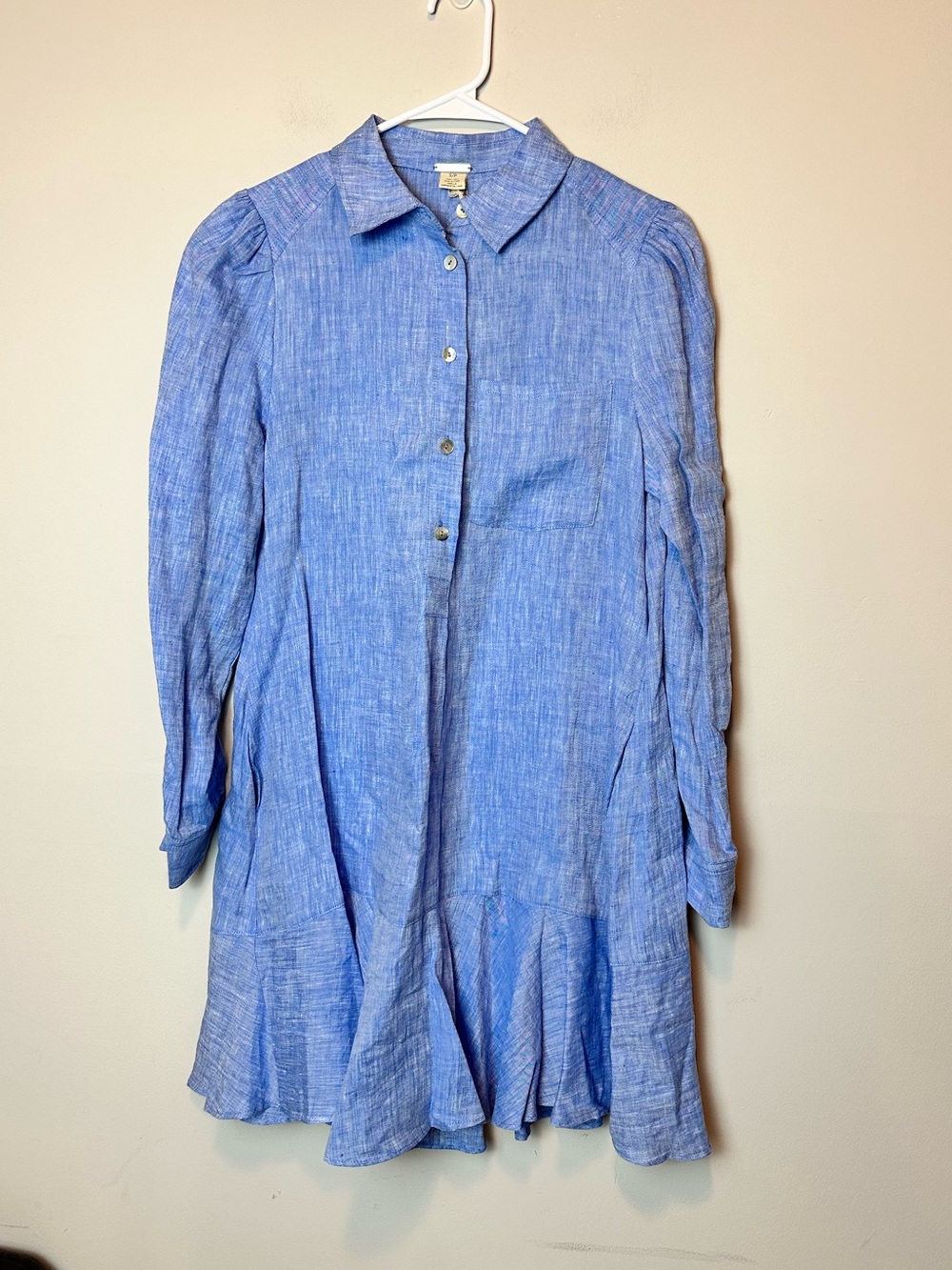 Magaschoni 100% Linen Blue Ruffle Shirt Dress S NWT